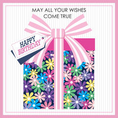 happy birthday card design with gifts and flower motif