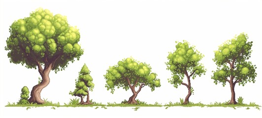 Set of charming pixel art trees with vibrant green canopies and textured trunks, perfect for a nostalgic game environment.