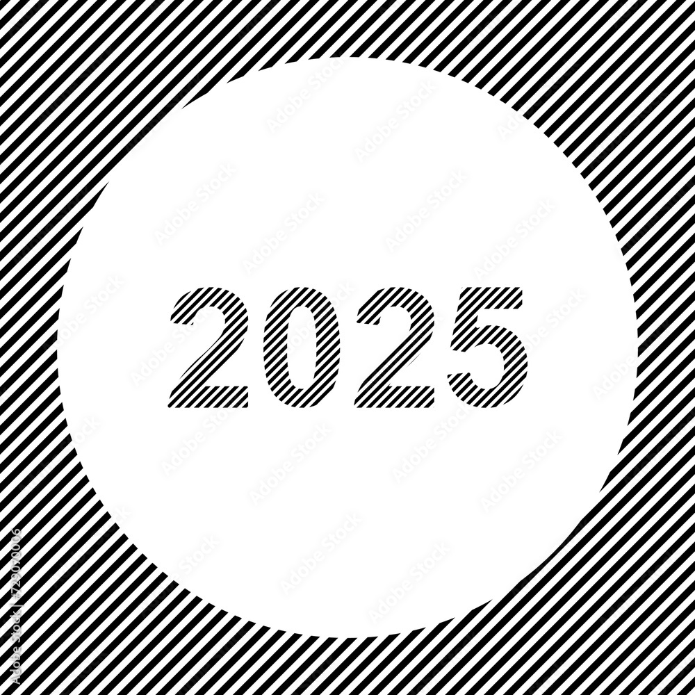 Poster a large 2025 year symbol in the center as a hatch of black lines on a white circle. interlaced effec