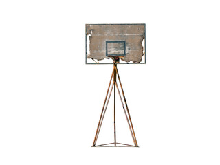 Old wooden basketball backboard with rusty metal stanchion front view isolated