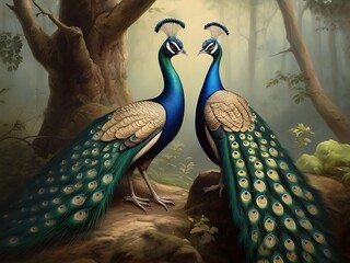 Pair of peacocks standing in forest 