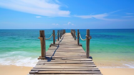 A wooden bridge jutting out into the sea. There is a pristine white sand beach. green sea water There is bright, high quality morning sunlight.