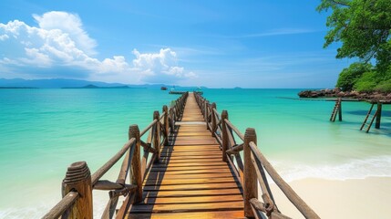 A wooden bridge jutting out into the sea. There is a pristine white sand beach. green sea water There is bright, high quality morning sunlight. - obrazy, fototapety, plakaty
