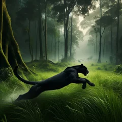 Foto op Plexiglas Black panther gracefully navigating the humid forest, sprinting through the grass in a captivating display of wildlife in action. © robsnowfolio