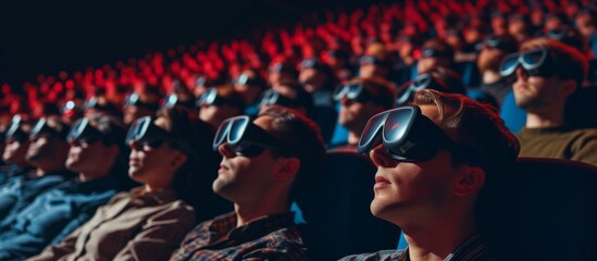 Crowd in 3D glasses at movie theater - obrazy, fototapety, plakaty