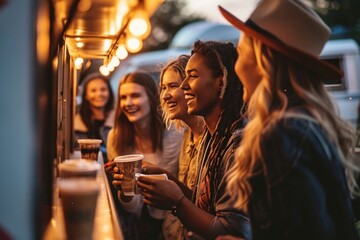 Candid shot of a diverse group of friends laughing and socializing outside a food truck during a summer outing, capturing a moment of joyful camaraderie, Generative AI - obrazy, fototapety, plakaty