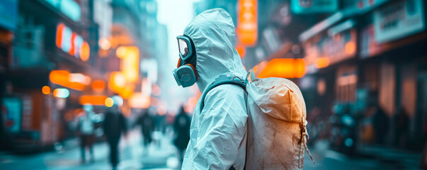 Quarantine, coronavirus infection. A man in protective equipment disinfects with a sprayer in the city. Cleaning and Disinfection at the street. Protective suit and mask. Epidemic. - obrazy, fototapety, plakaty