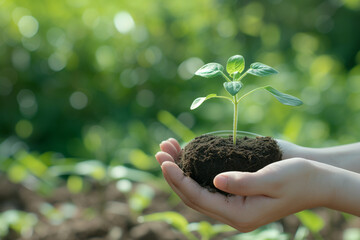 Hand holding seedling are growing from the rich soil with green bokeh background. Development, ESG, Credit Carbon, Green business, finance and saving money for sustainability investment concept.