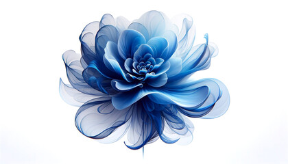 Abstract single blue flower blooming by transparent liquid fluid ink petal on white background. 3D render style in studio light.