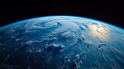 Our planet Earth viewed from space, showcasing swirling clouds over the blue oceans and continents from a satellite perspective