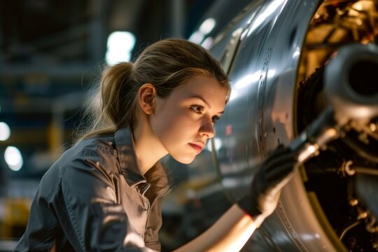A proud and confident female aerospace engineer works on an aircraft, displaying expertise in technology and electronics. Image captures a candid moment in aviation industry, Generative AI