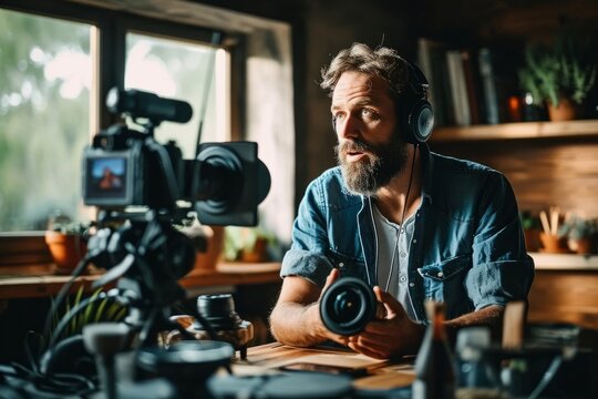 Candid image of a man recording a video podcast or YouTube video. He's speaking into the camera, illustrating the spontaneity and authenticity of contemporary digital communication, Generative AI