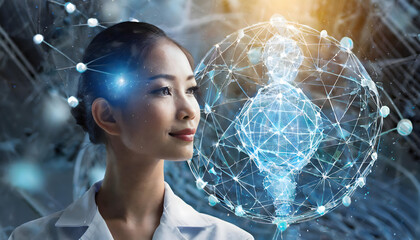 Asian Female Scientist Conducting Medical Research with AI Technology in Biotechnology Study