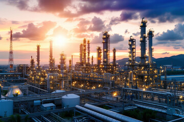Illuminated Industrial Oil Refinery Plant at Twilight Time