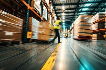 Blurred image of warehouse employees in action, moving shipment boxes efficiently, showcasing the dynamics of international trade logistics, Generative AI