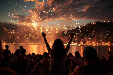 Crowd of people celebrating New Year eve in Rio de Janeiro, Brasil - Generative AI