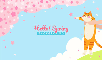 Hello! Spring background vector illustration. Holding a cute orange cat under the cherry blossom tree © Farosofa