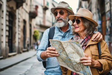 Married couple of tourists sightseeing city street with map. Happy husband and wife enjoying summer vacation together. Touristic life style concept with aged couple traveling European, Generative AI