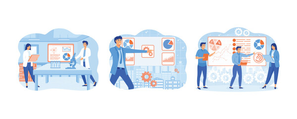 Fototapeta premium Business data analysis research. Data scientist looking and interacting with virtual dashboard. Big data science analysis. set flat vector modern illustration 