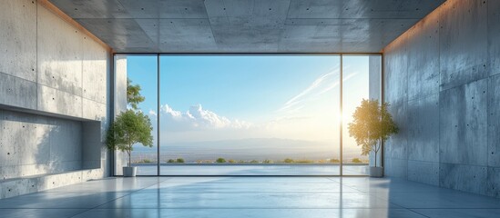 minimalist modern concrete interior frames a stunning panoramic view of a vast landscape and cloud-filled sky, blending indoor luxury with the beauty of nature