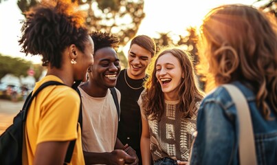 Multiracial best friends having fun laughing out loud outdoors - Group of young people enjoying summertime day out - Teenagers joking together in college campus - Friendship, Generative AI - obrazy, fototapety, plakaty