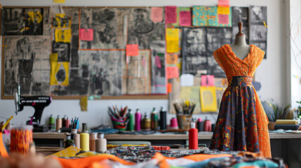colorful fashion design studio brimming with creative energy, showcasing a mannequin draped in a stylish dress amid a variety of textiles and artistic inspiration