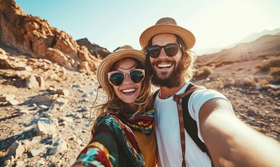 Happy couple of travelers taking selfie picture in rocky desert - Young man and woman having fun on summer vacation - Two friends enjoying summertime moment - Life style and travel, Generative AI