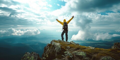 Man traveler on mountain summit enjoying nature view with hands raised over clouds - Sport, travel business and success, leadership and achievement, Generative AI