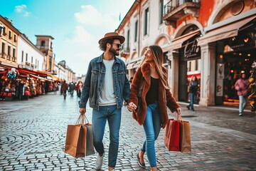Happy beautiful young couple holding shopping bags walking on city street - Two loving tourists having fun on weekend vacation - Holidays and shopping, Generative AI - obrazy, fototapety, plakaty
