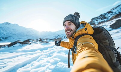 Young man wearing winter clothes taking selfie picture in winter snow mountain - Happy guy with backpack hiking outside - Recreation, sport and people, Generative AI - Powered by Adobe