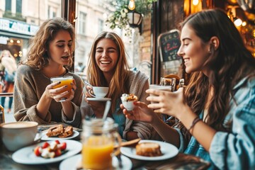 Three young women enjoying breakfast drinking coffee sitting at bar cafeteria - Life style concept with female friends hanging out on city street - Food, beverage and friendship, Generative AI - obrazy, fototapety, plakaty