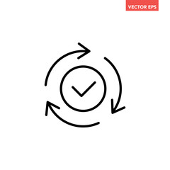 Black round checking process sync approved line icon, simple turning arrows syncing flat design pictogram vector for app logo ads web webpage button ui interface elements isolated on white background