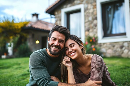 Happy Young Couple Standing In Front Of New Home - Husband And Wife Buying New House - Life Style Real Estate Concept, Generative AI