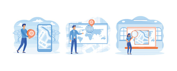 Geo location. Tiny Male Searching Route and Looking on Map Online in Web Positioning.  Viewing Online Map using magnifying glass on app screen. set flat vector modern illustration 