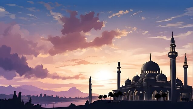 Illustration silhouette of the mosque with twilight background and clouds. ramadan mosque.