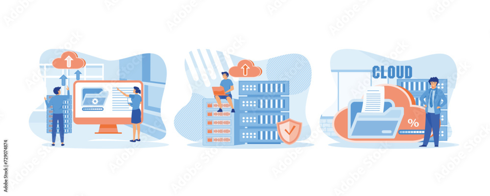 Poster cloud computing. man sitting on rack analyzing file management on laptop. man standing near cloud st