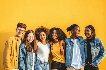 Diverse community of young people smiling together on a yellow wall background - Multiracial college students having fun laughing outside - Youth culture, Generative AI