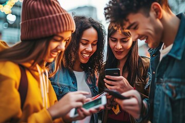 Diverse group of young people using mobile phone device. Happy teenagers having fun watching funny video on smartphone. Trendy life style concept with guys and girls using cellphone, Generative AI