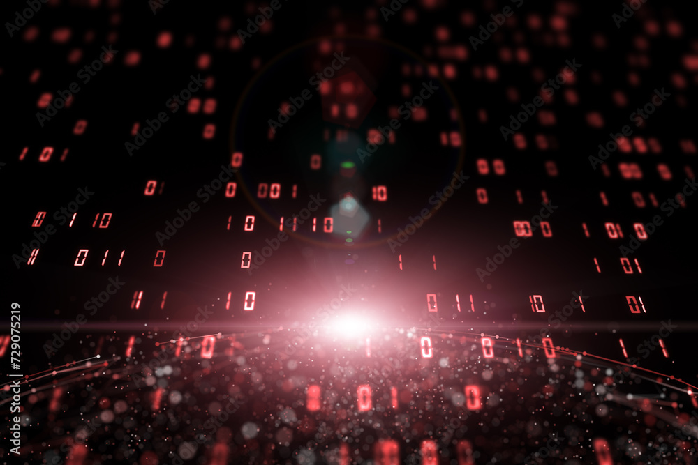 Poster red digital computer numbers with 3d blurred sphere illustration background.