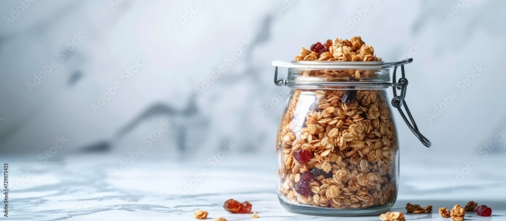 Poster empty jar with nutritious granola on marble table blank space for writing