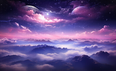 Fototapeta na wymiar Fantasy space view with mountains, clouds, and celestial bodies