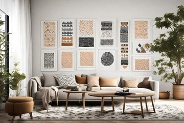 A Scandinavian-inspired living room with a wall mockup presenting a series of framed textile patterns, adding warmth and texture to the contemporary design.
