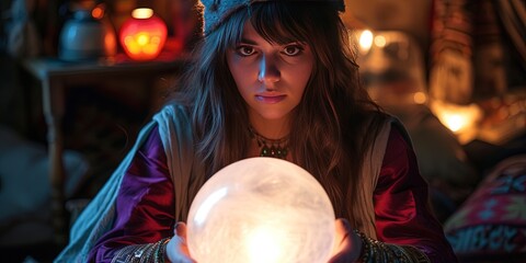 Fortune teller predicting the future with a clairvoyant crystal ball - obrazy, fototapety, plakaty