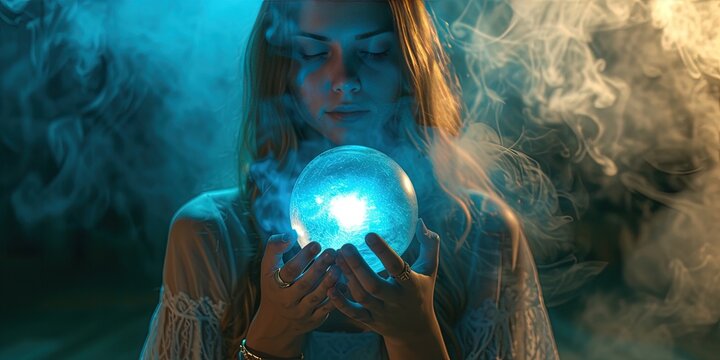 Fortune teller predicting the future with a clairvoyant crystal ball