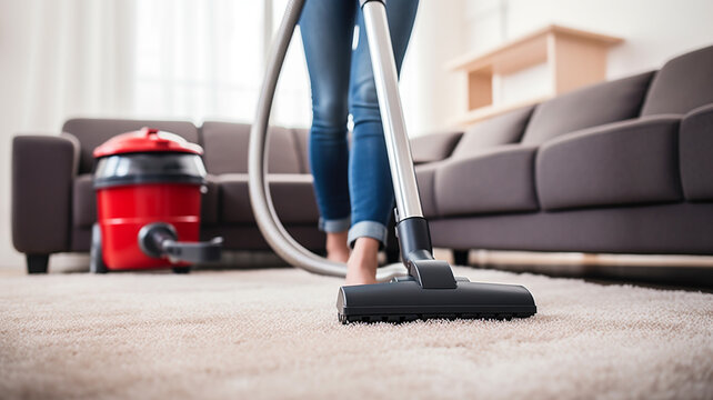 Woman cleaning carpet with vacuum cleaner at living room
