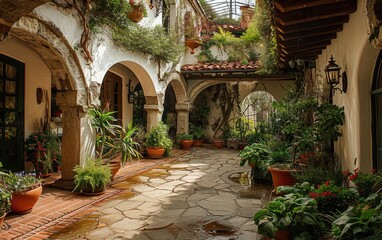 Fototapeta na wymiar Arched Walkways in a Spanish Revival Courtyard