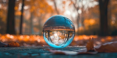 Crystal ball outdoors in natural landscape for psychic predictions of the future - obrazy, fototapety, plakaty