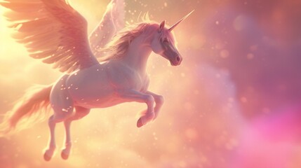 Create an enchanting scene of a majestic unicone horse soaring gracefully through a vibrant, cotton candy-colored sky.