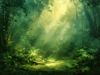 Poster Mystical forest landscape with sun rays piercing through the fog, creating a magical and enchanting atmosphere in a lush green environment © MdIqbal