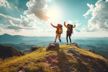 Hikers with backpacks jumping with arms up on top of a mountain - Couple of young happy travelers climbing the peak - Family, travel and adventure, Generative AI